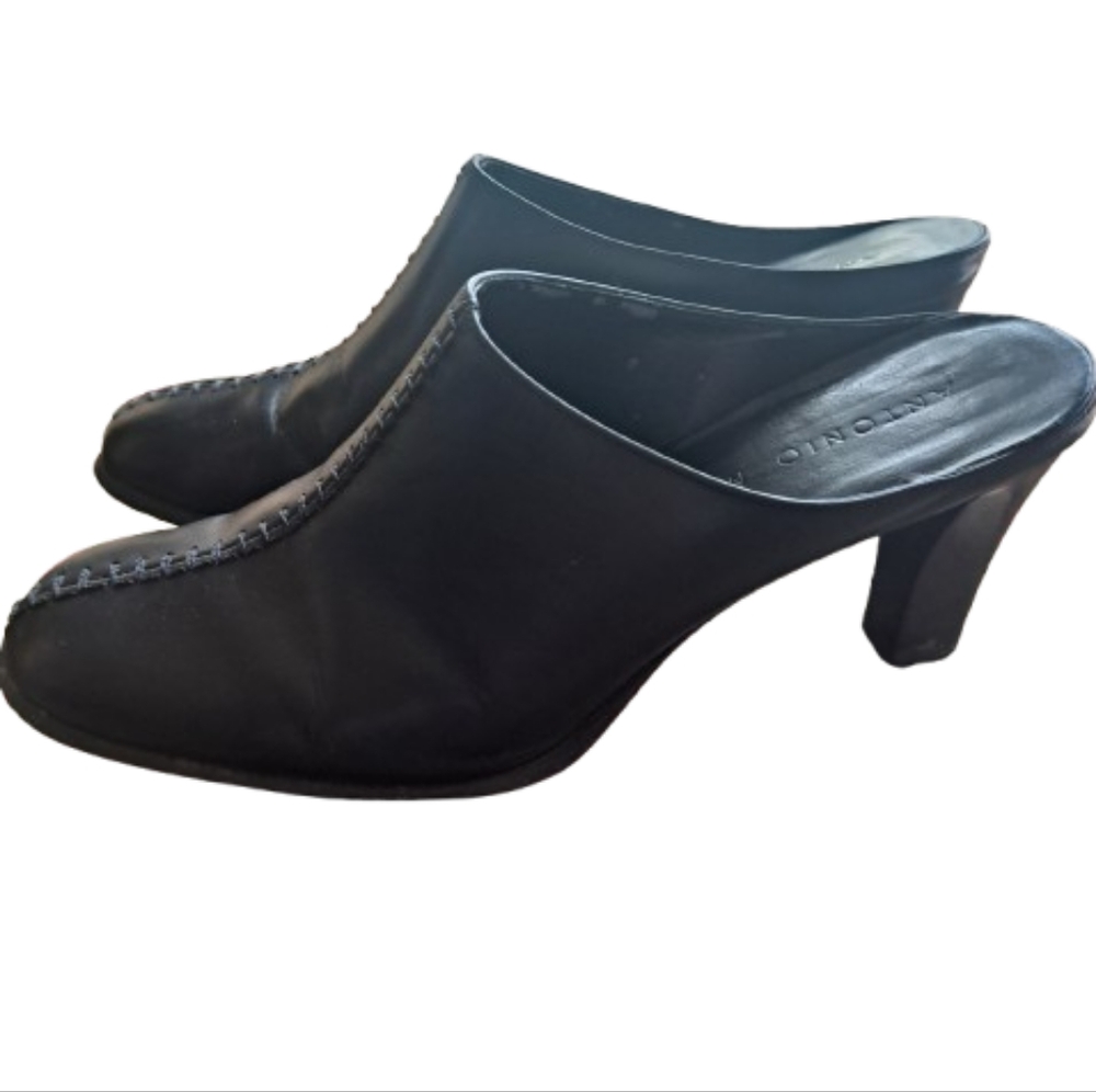 Italian Antonio Melani Leather Black 3 "Heeled Mules Sz 7.5